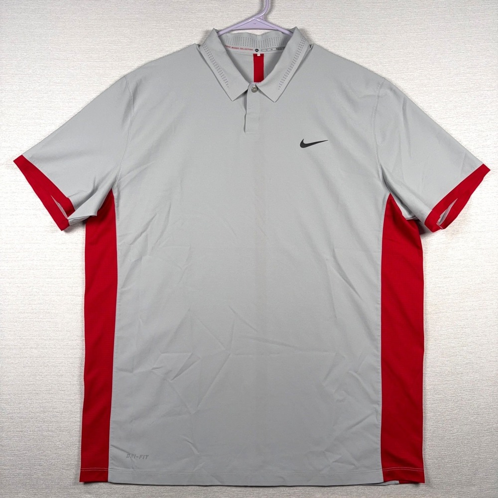 Nike Tiger Woods Elite Cool Formation Golf Polo Mens XL Grey Red Snap Up Stretch